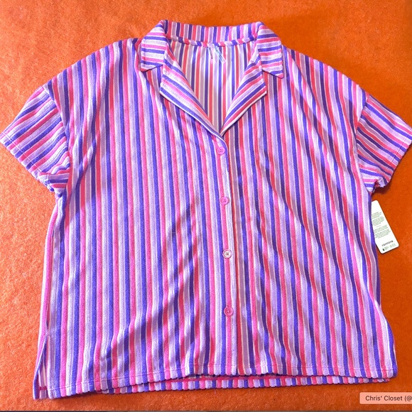 Pink, purple and blue terry short sleeve button up shirt NWT - Picture 2 of 9